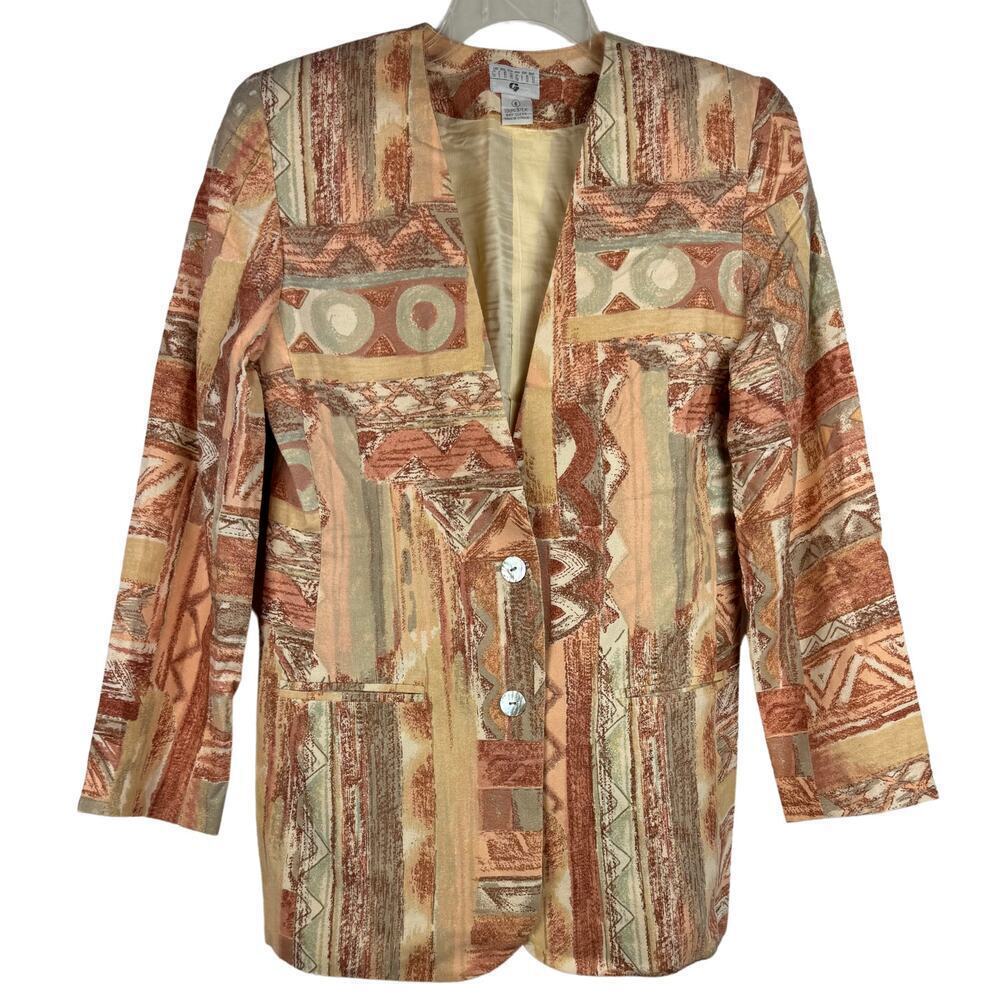 George Georgiou Blazer Jacket Womens Size 8 Multicolor Aztec‎ Long Silk 80s 90s